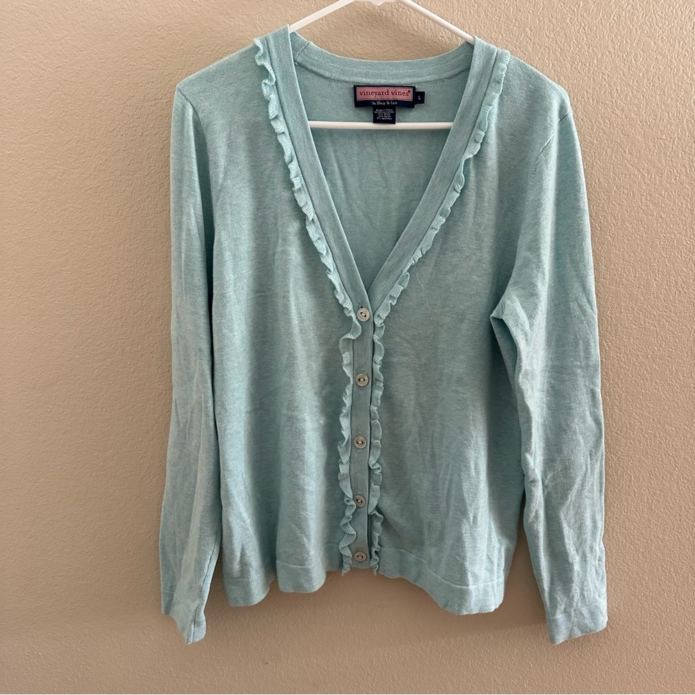 Vineyard Vines Teal Ruffle Cardigan - L